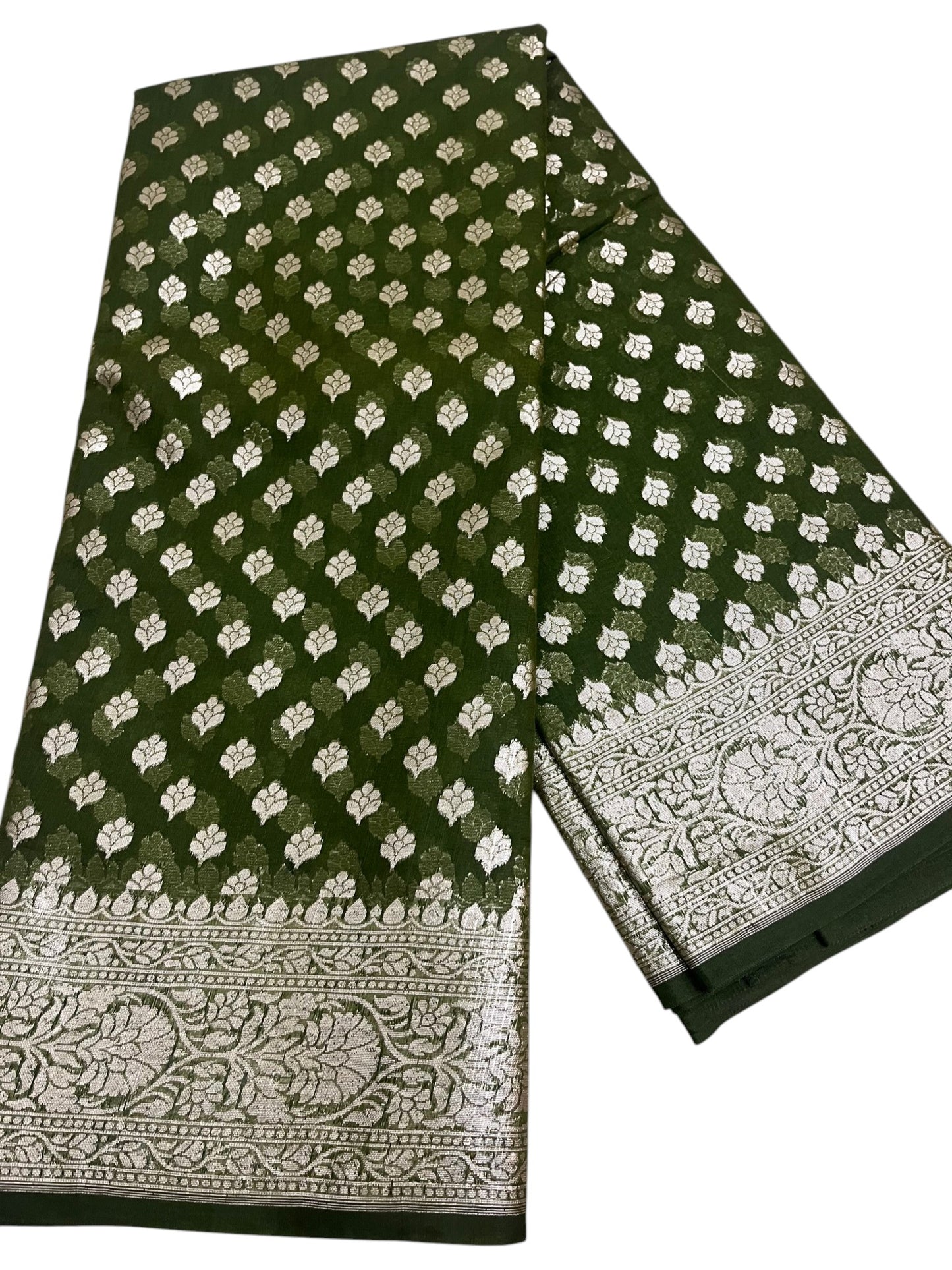 Southloom Cotton Banarasi Silk Saree with Woven Work on Body and Borders (Green)