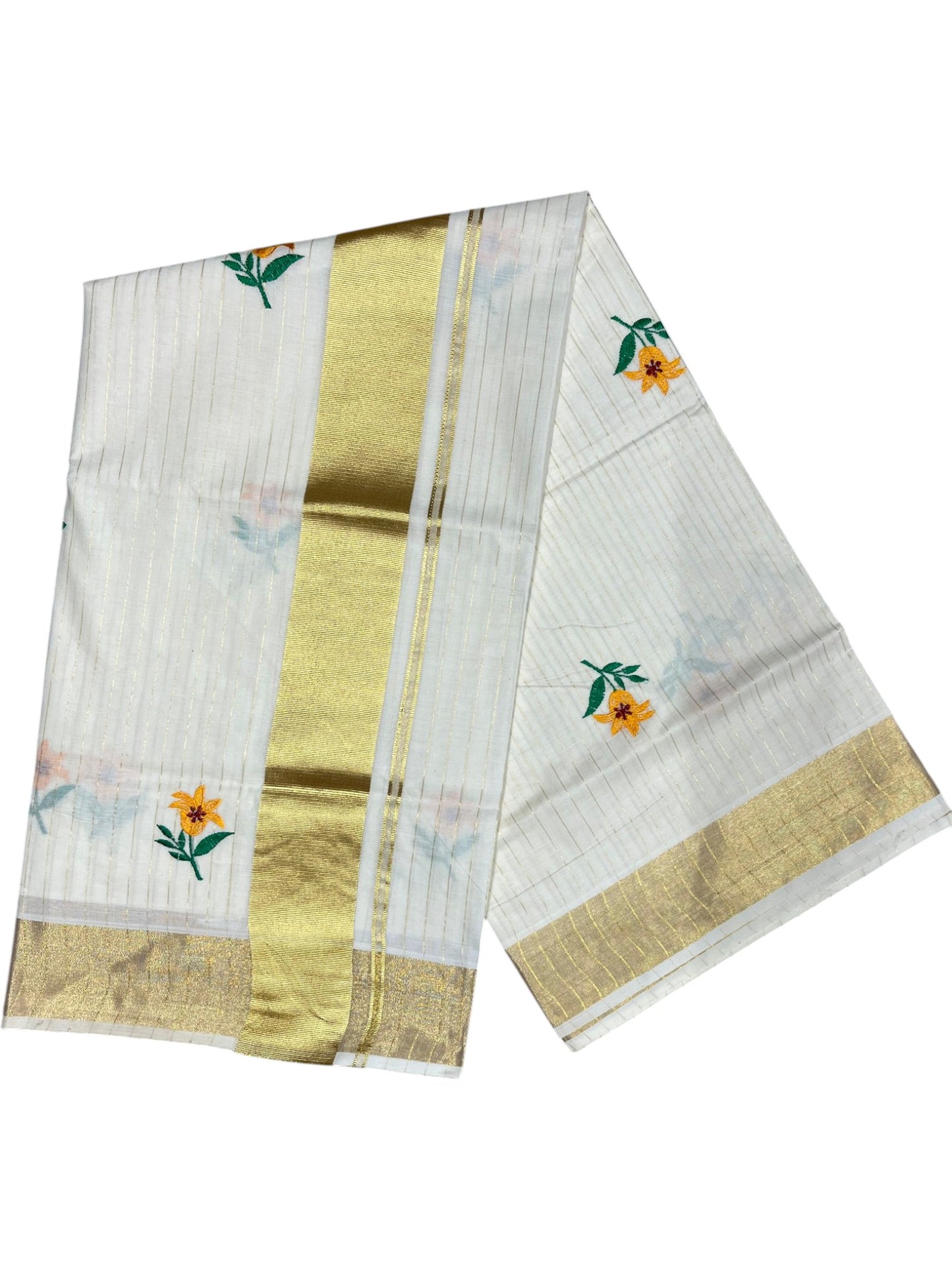 Southloom Kerala Cotton Kasavu Lines Saree with Floral Embroidery Work on Body