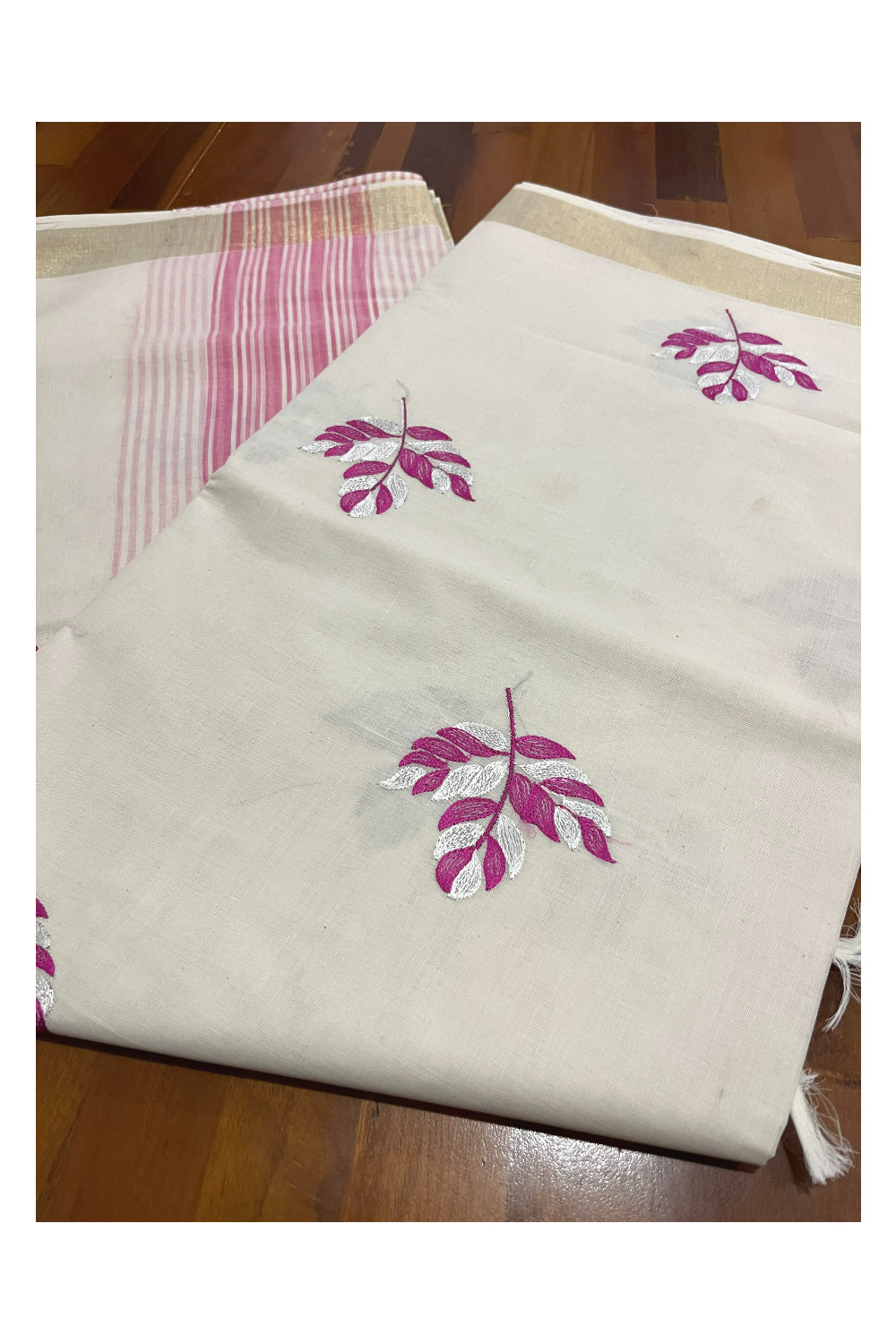 Pure Cotton Kerala Saree with Magenta Leaf Embroidery Work and Kasavu Border