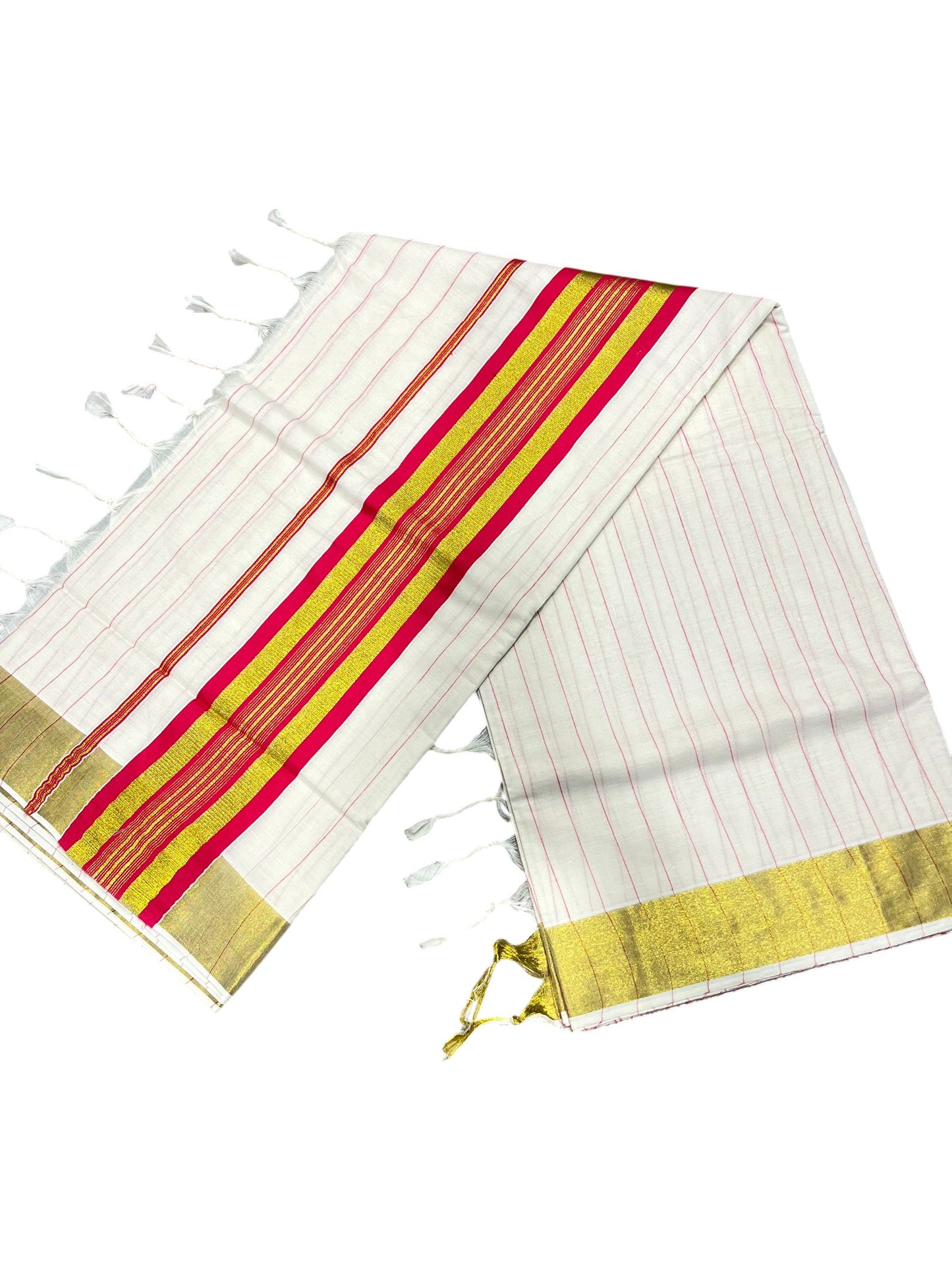 Southloom Kerala Cotton Kasavu Saree with Gold And Pink Lines on Body SL331