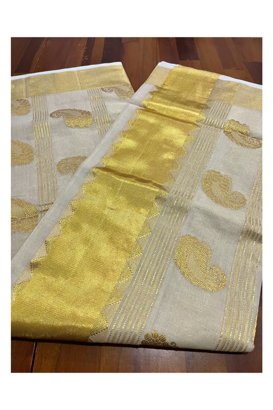 Southloom™ Original Handloom Kasavu Tissue Handwoven Paisley Heavy Work Saree