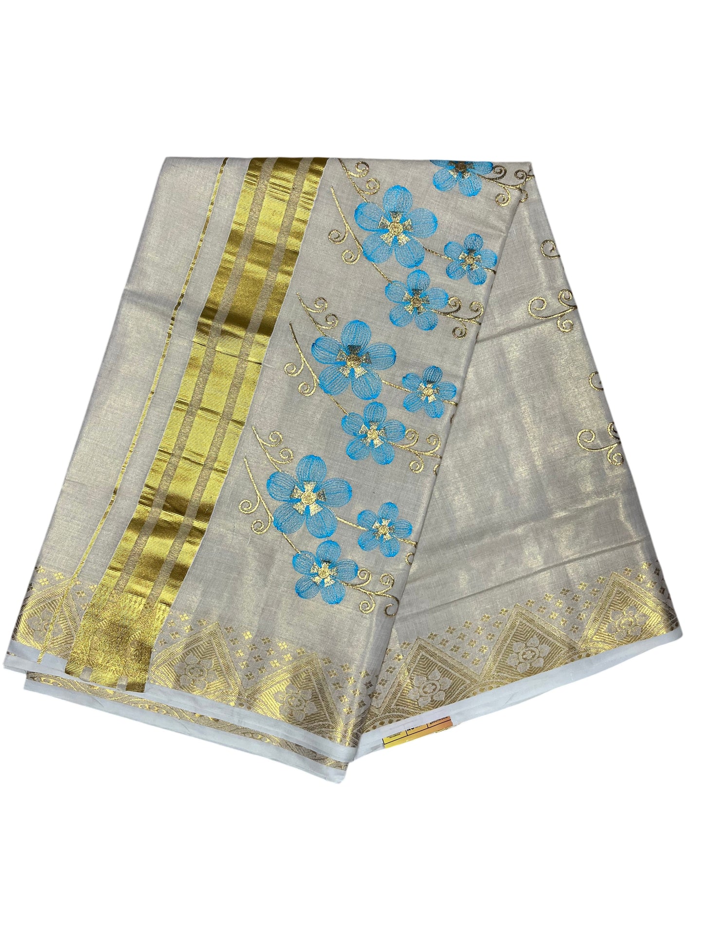 Southloom Kerala Tissue Kasavu Saree with Blue Floral Embroidery Work on Body