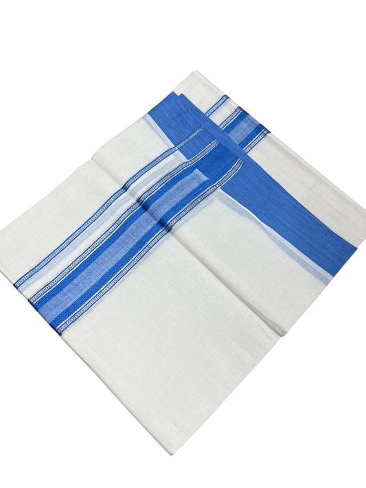 Southloom Kerala Pure Cotton Double Mundu with Silver Lines and Blue Border with (South Indian Dhoti)