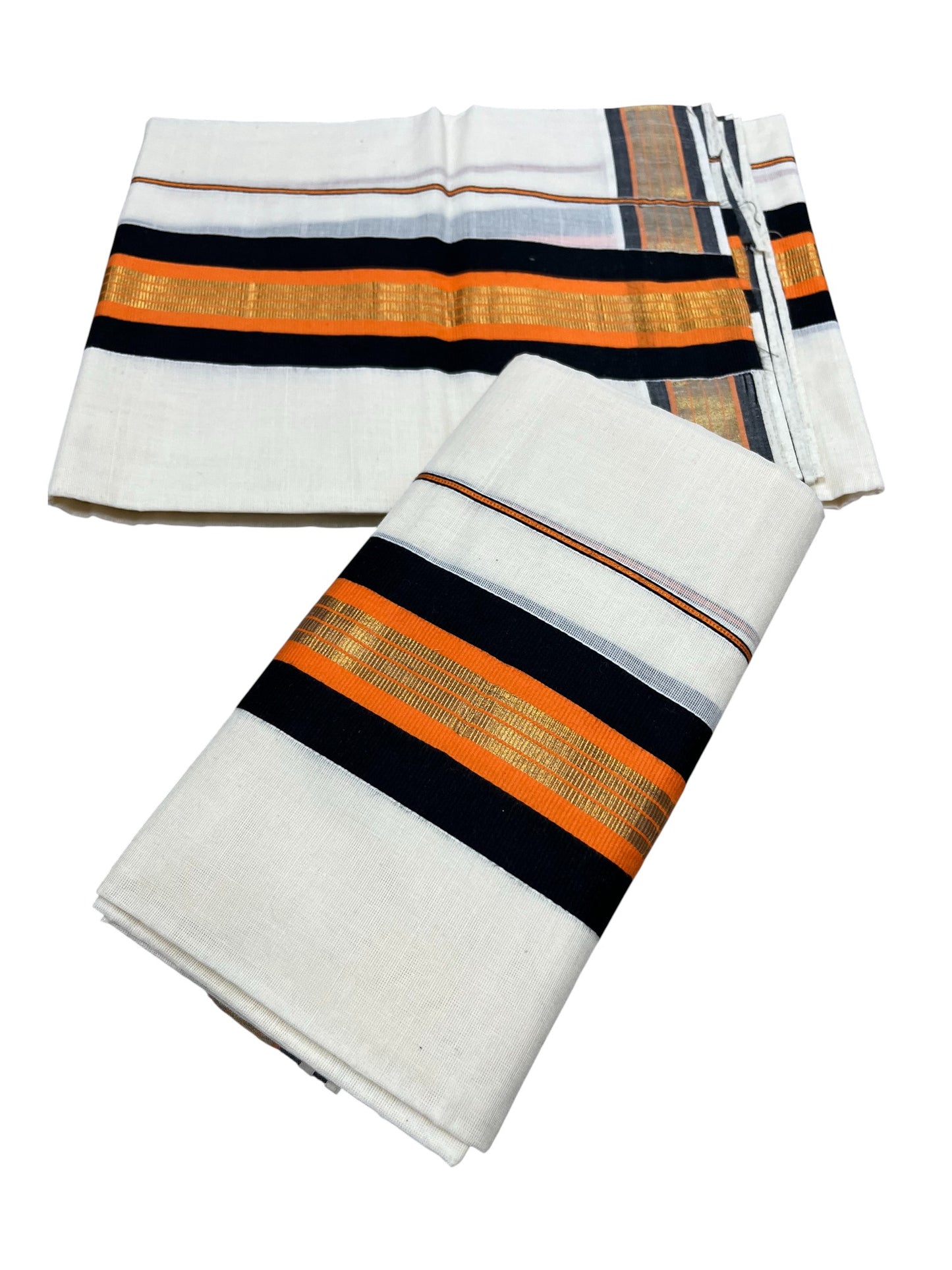 Kerala Cotton Kasavu Single Set Mundu (Mundum Neriyathum) with Black And orange Kasavu Border SLKK SL470