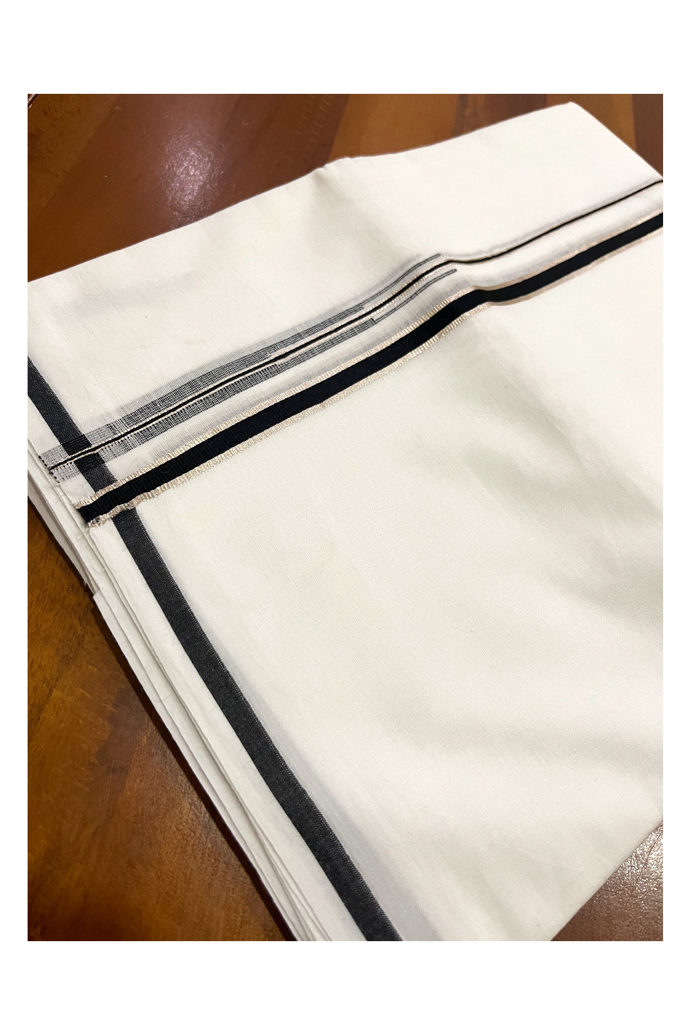 Pure White Cotton Double Mundu with Silver Kasavu and Black Puliyilakkara Chutti Border (South Indian Kerala Dhoti)