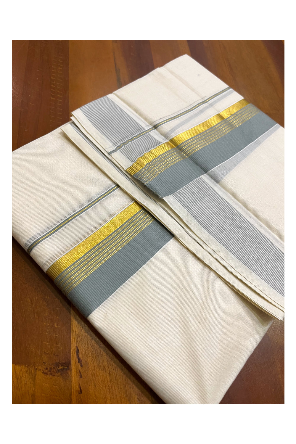 Kerala Pure Cotton Double Mundu with Grey and Kasavu Border (South Indian Kerala Dhoti)