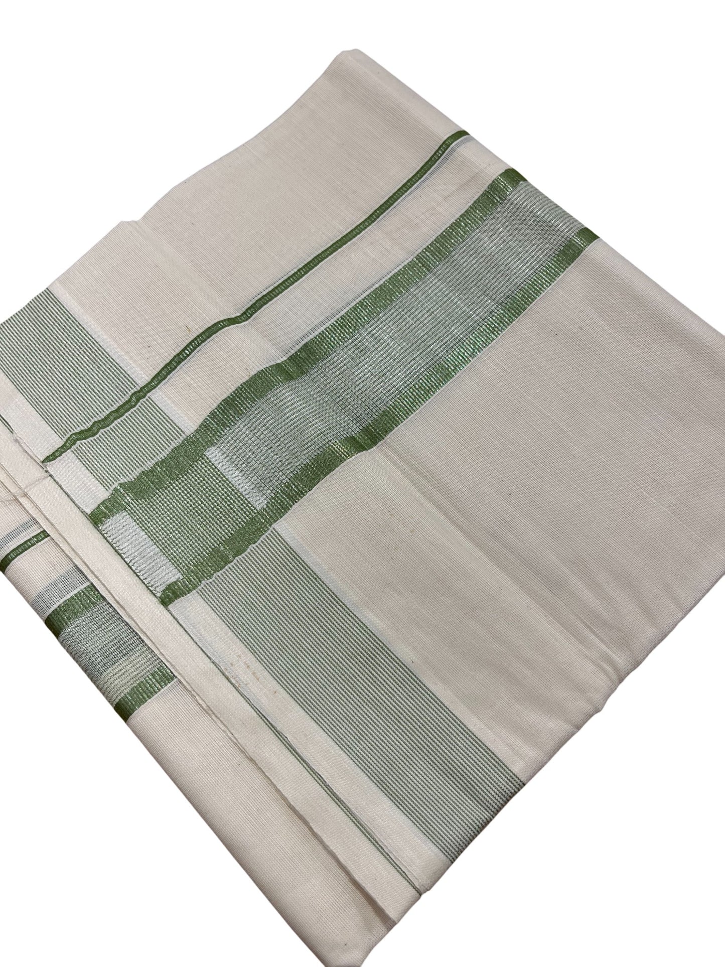 Southloom Kerala Pure Cotton Double Mundu with Silver Lines & Green Border (South Indian Dhoti)