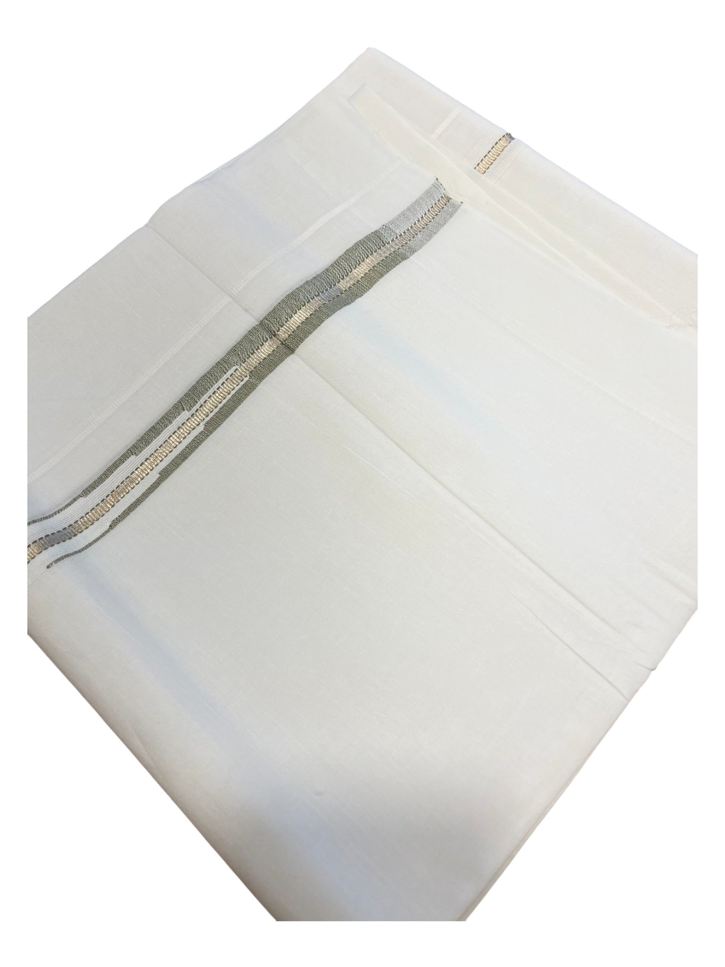 Pure White Cotton Double Mundu with Silver Chutti Kara (South Indian Dhoti)