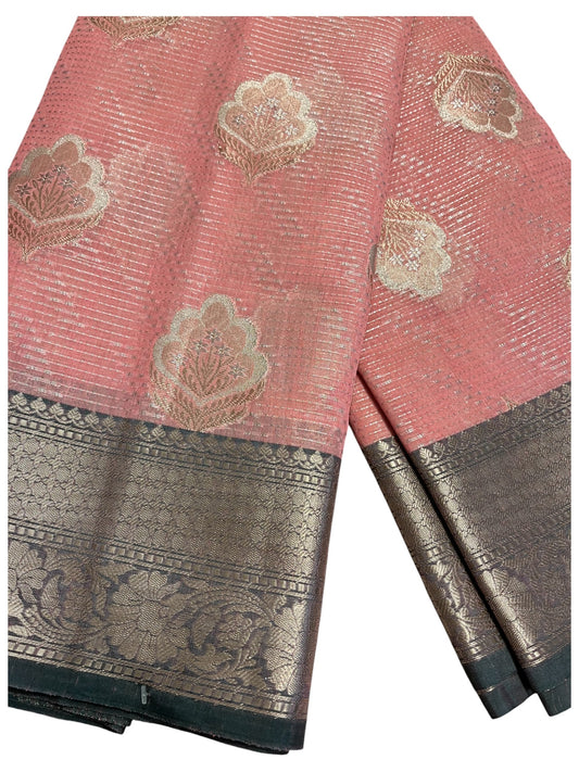 Southloom Tissue Banarasi Silk Saree with Woven Work on Body and Borders (Pink)