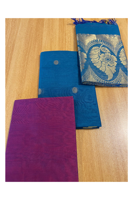 Southloom™ Cotton Semi Silk 3 Piece Blue and Magenta Salwar Material with Woven Zari Butta Work