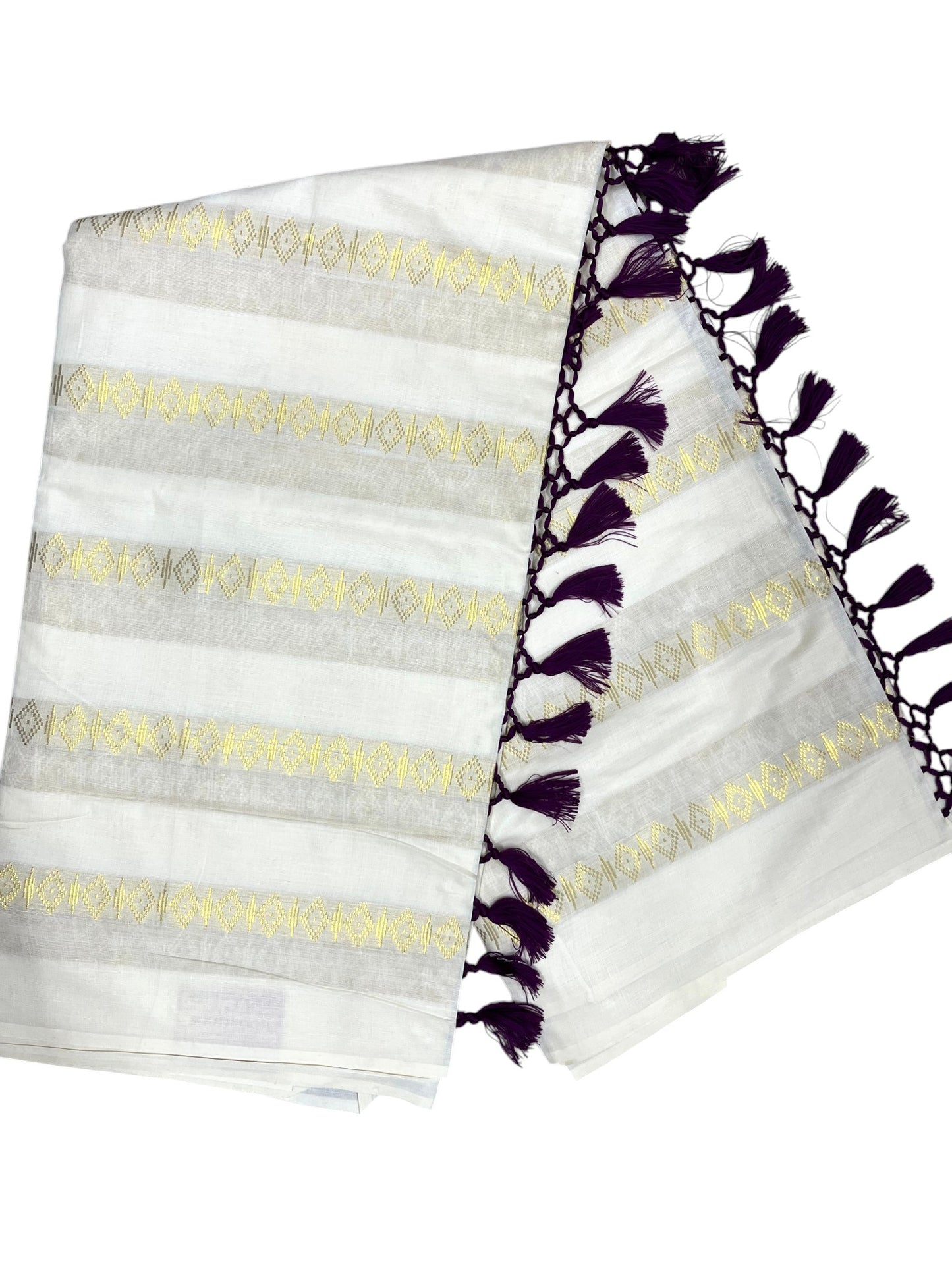 Southloom Kerala Cotton Kasavu Saree with Stripes on Body and Purple Tussels