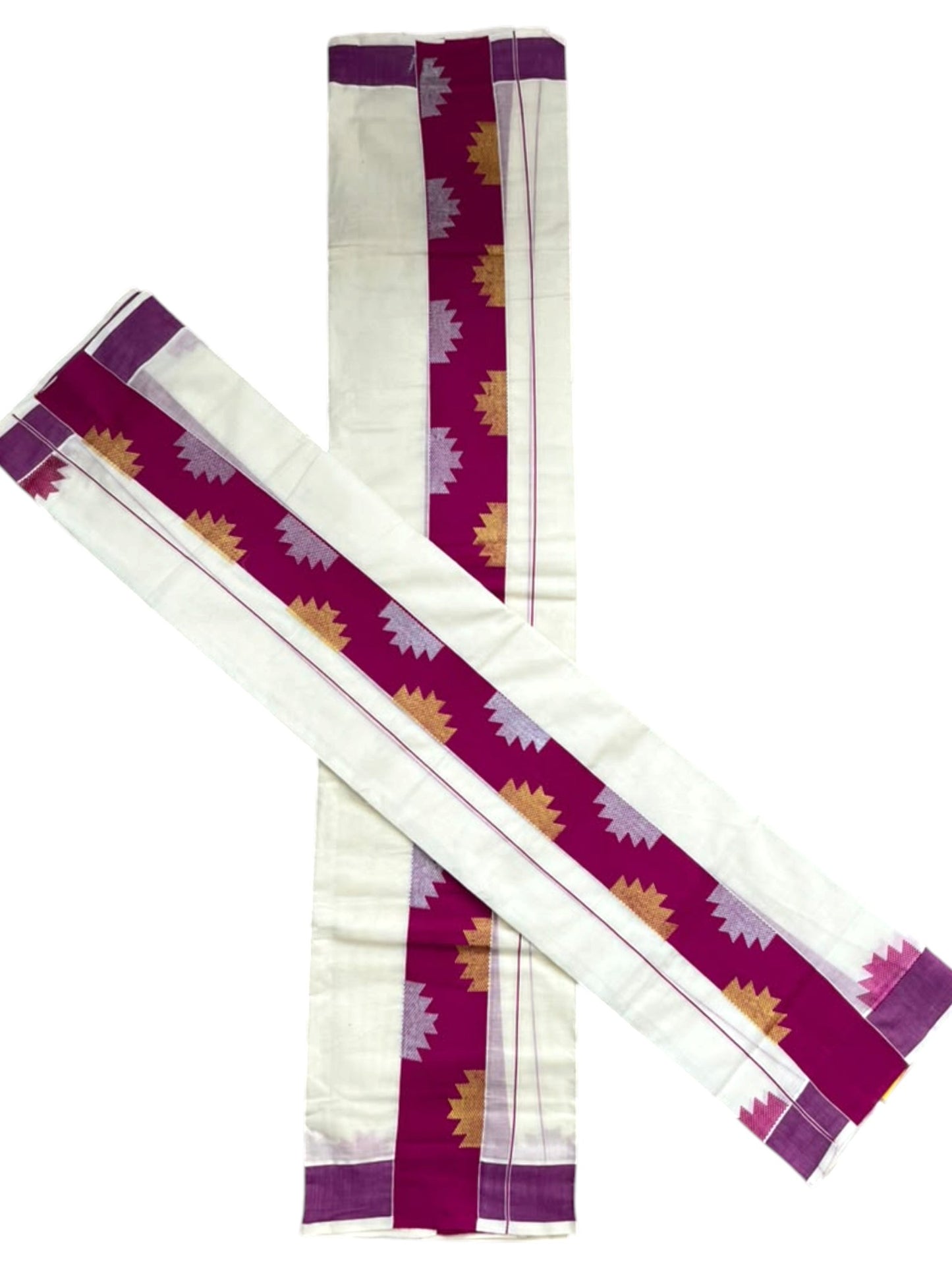 Southloom Pure Cotton Single Set Mundu (Mundum Neriyathum) Temple Design & Magenta Border