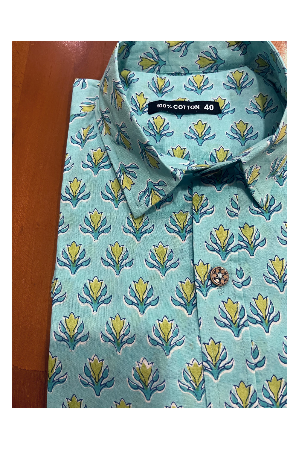 Southloom Jaipur Cotton Turquoise Hand Block Printed Shirt (Half Sleeves)