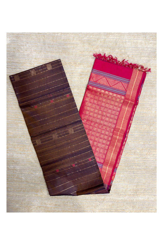 Southloom Pure Handloom Cotton Silk Saree With Handwoven Work Across Body and Blouse in Brown  And Pink
