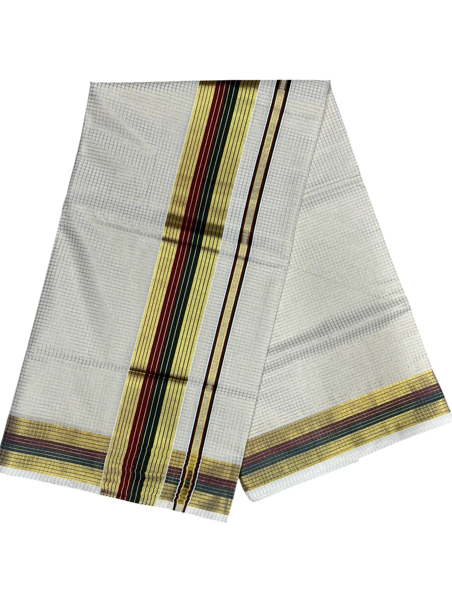 Southloom Kerala Cotton Kasavu Saree with Micro Check Design on Body in Maroon & Green Border