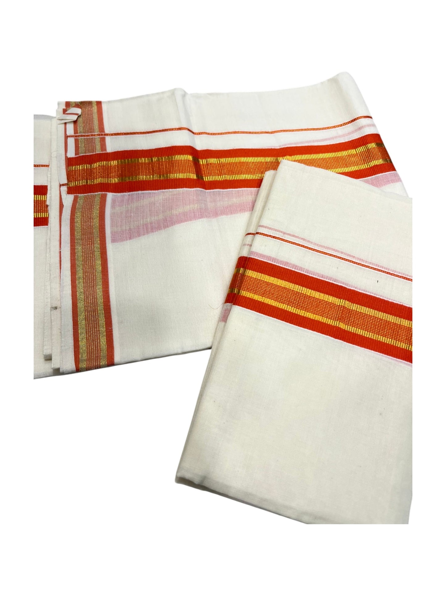Southloom Kerala Cotton Set Mundu (Mundum Neriyathum) with Kasavu and Orange Border
