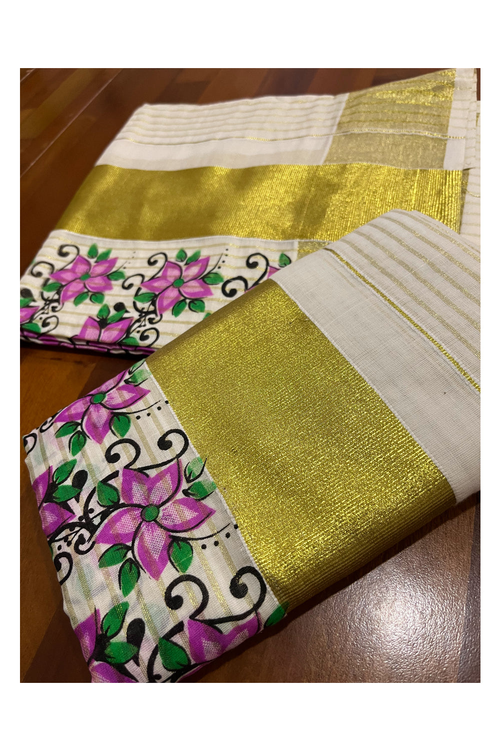 Kerala Cotton Set Mundu (Mundum Neriyathum) with Kasavu Lines Design on Body and Pink Block Printed Border 2.80 Mtrs (Onam Set Mundu 2023)