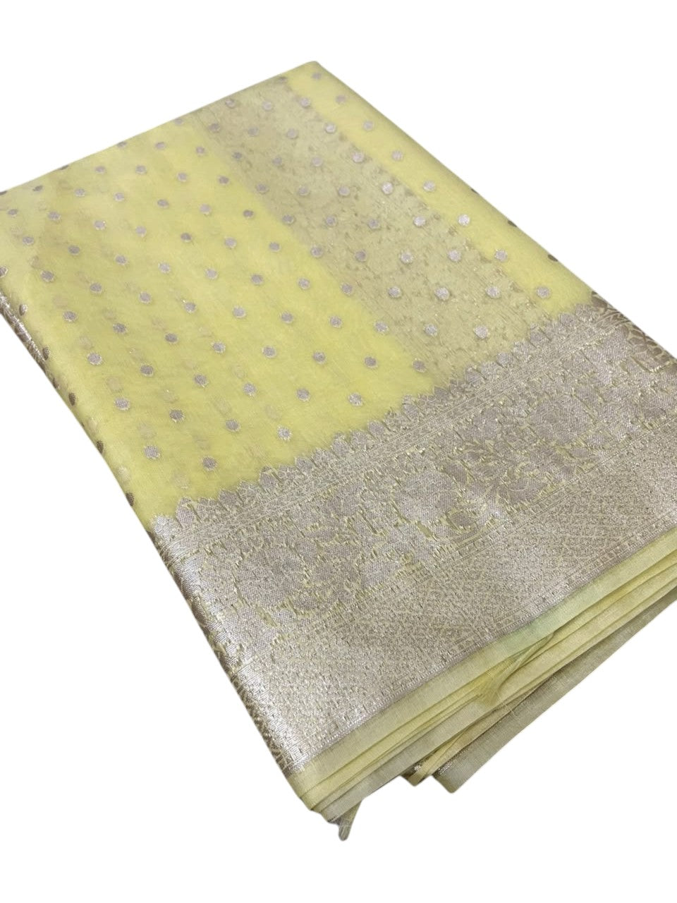 Southloom Cotton Banarasi Silk Saree with Woven Work on Body and Borders (Yellow)