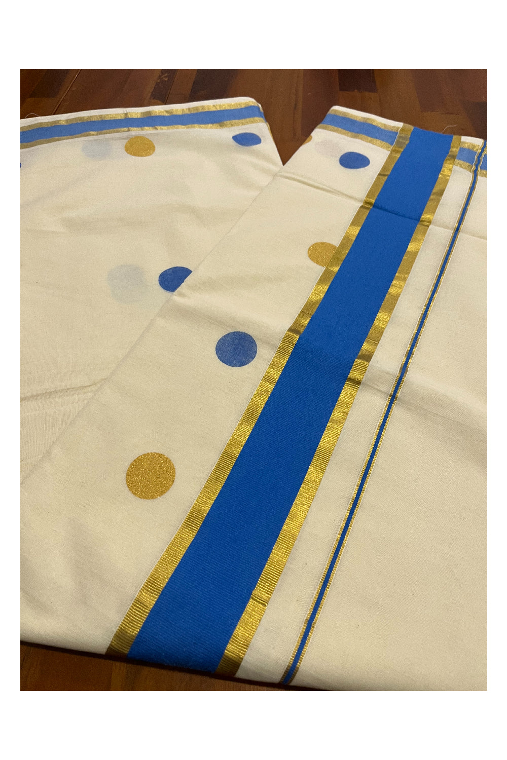 Pure Cotton Kerala Kasavu Saree with Golden and Blue Polka Prints on Body