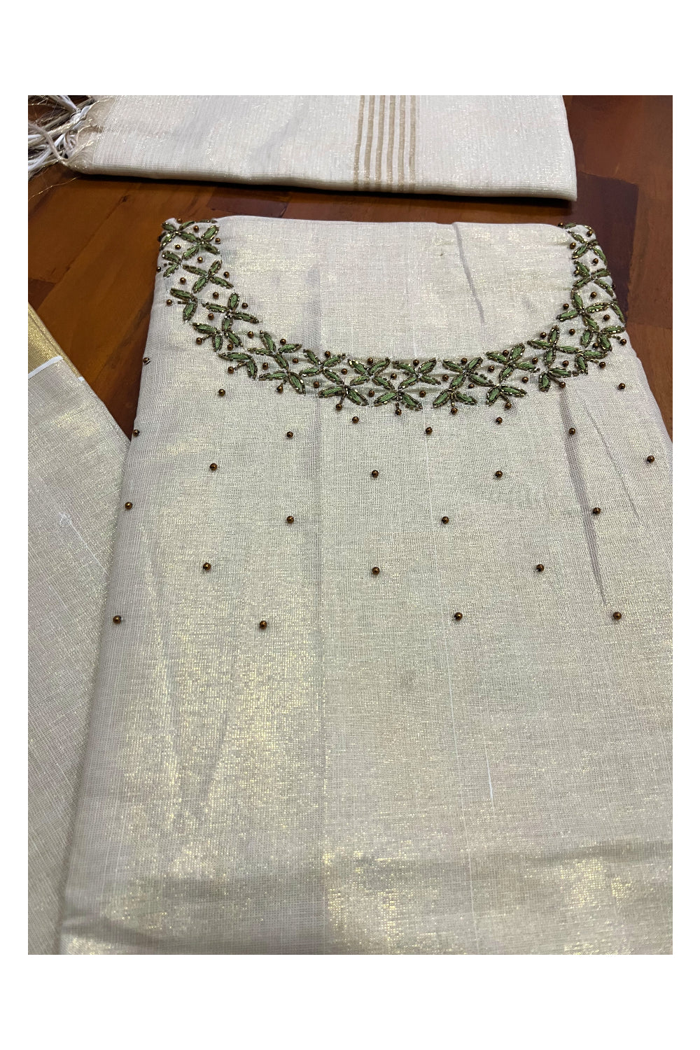 Kerala Tissue Churidar Salwar Material with Bead Work Designs (include Shawl / Dupatta)