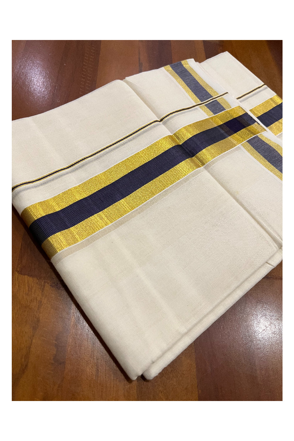 Southloom Premium Handloom Pure Cotton Mundu with Golden and Dark Blue Kasavu Border (South Indian Kerala Dhoti)