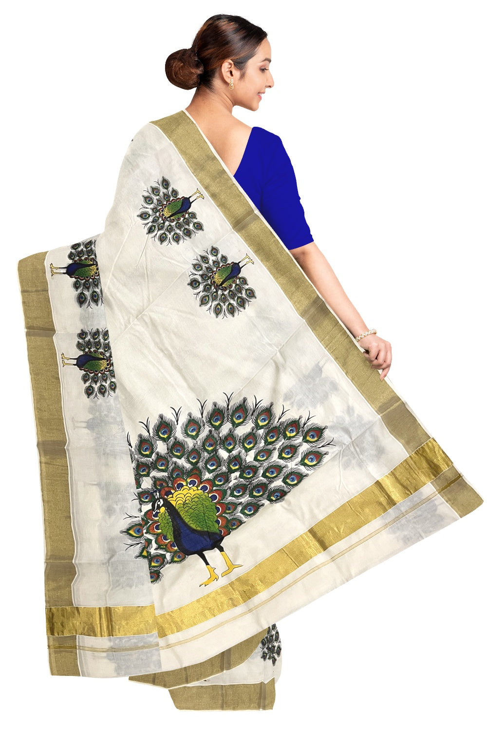 Pure Cotton Kerala Kasavu Saree with Mural Printed Peacock Design