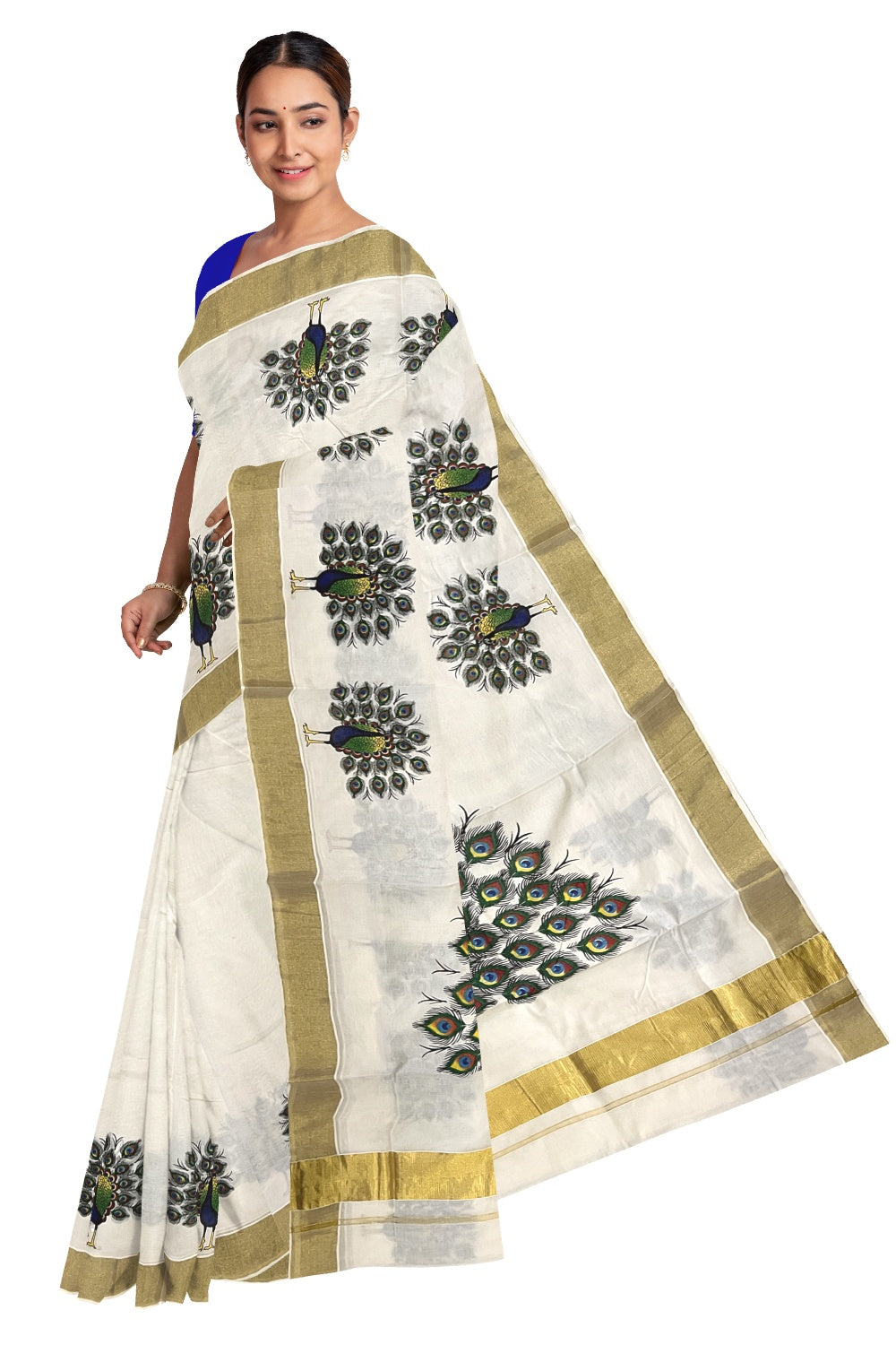 Pure Cotton Kerala Kasavu Saree with Mural Printed Peacock Design