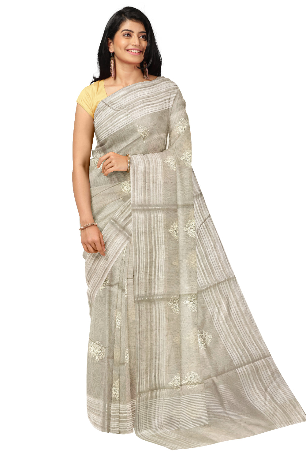 Southloom Cotton Off-White Saree with Floral Thread Works