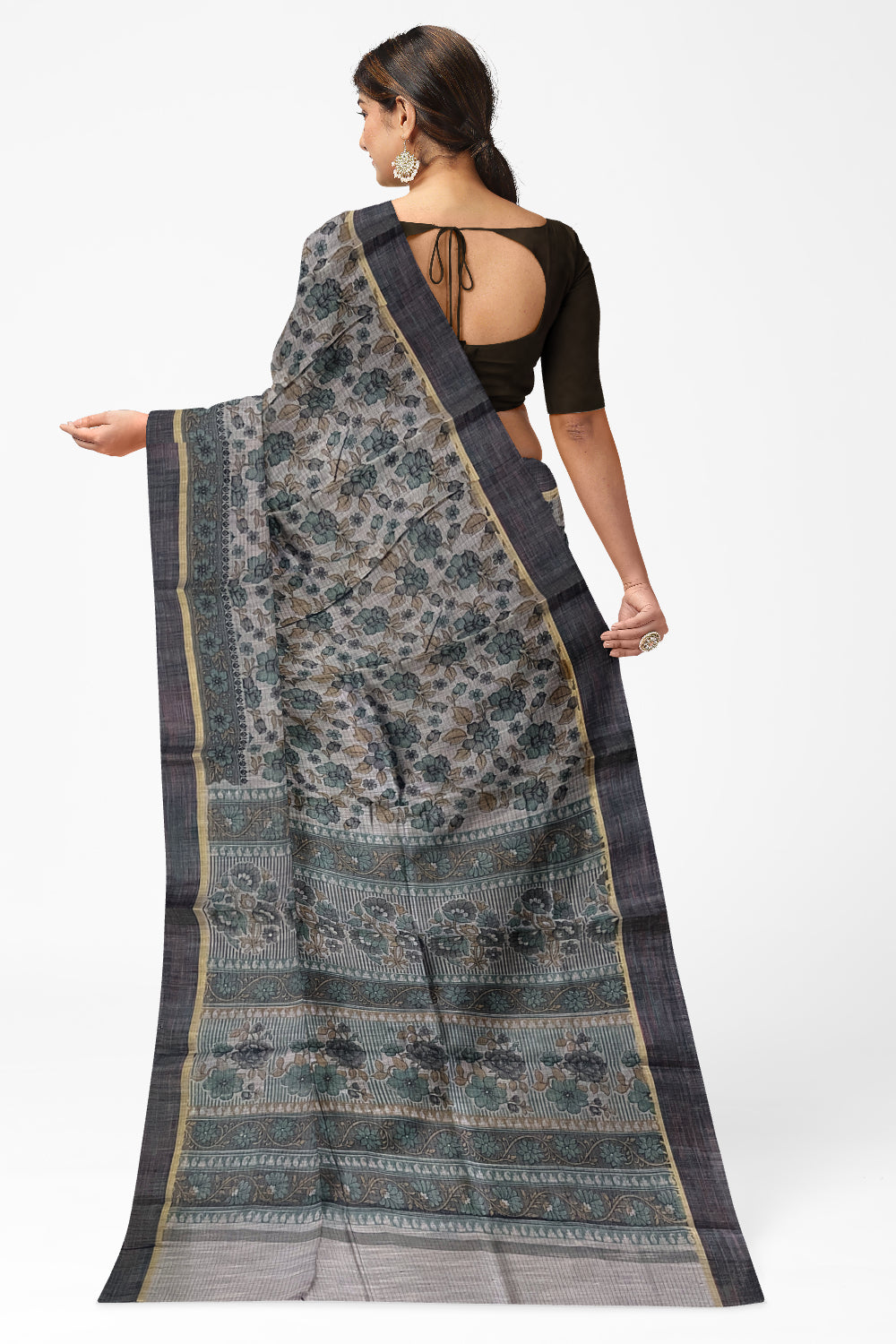 Southloom Cotton Grey Floral Printed Saree