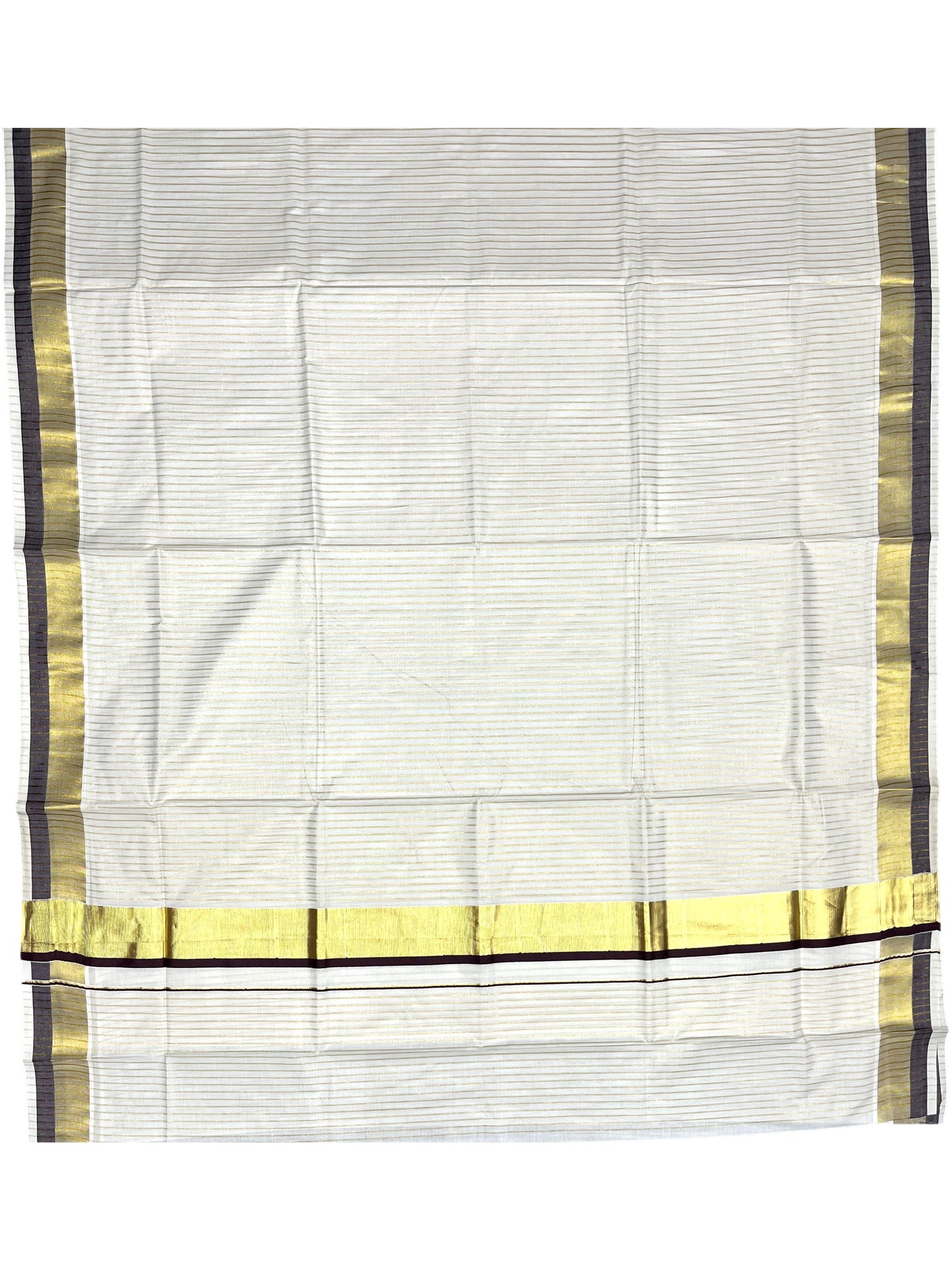 Southloom Pure Cotton Kerala Saree with Gold Kasavu Lines Across Body and Brown Border