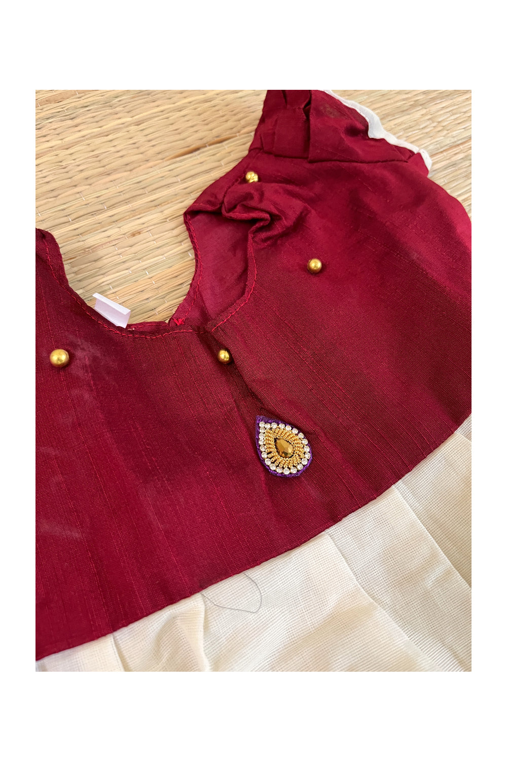 Southloom Kerala Cotton Frock with Maroon Bead Work Designs for Kids (1 Year)