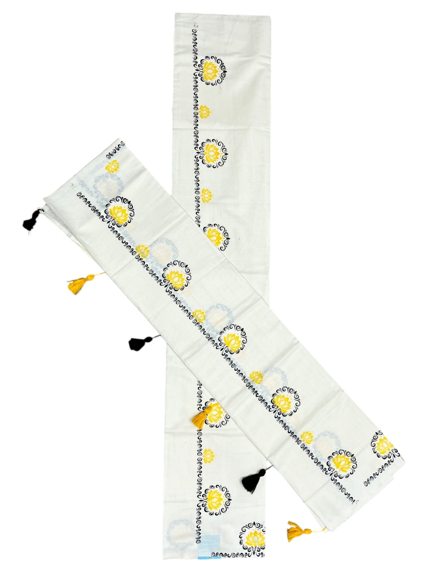 Southloom Kerala Cotton Single Set Mundu (Mundum Neriyathum) with Yellow &Black Lotus Block Printed Design