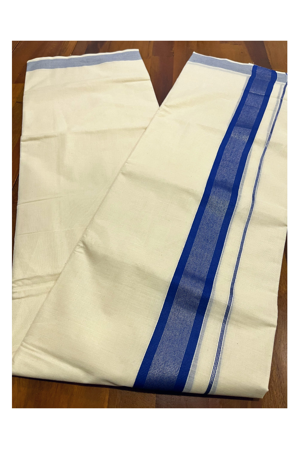 Kerala Pure Cotton Double Mundu with Blue and Silver Kasavu Border (South Indian Kerala Dhoti)