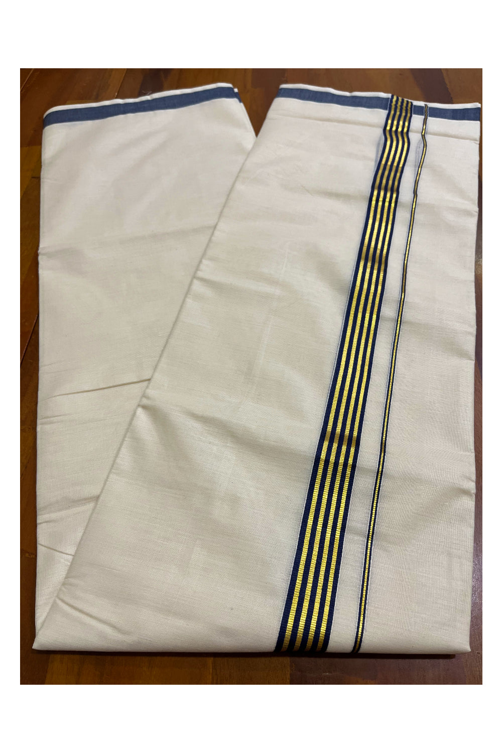 Kerala Pure Cotton Double Mundu with Navy Blue and Kasavu Lines Border (South Indian Kerala Dhoti)