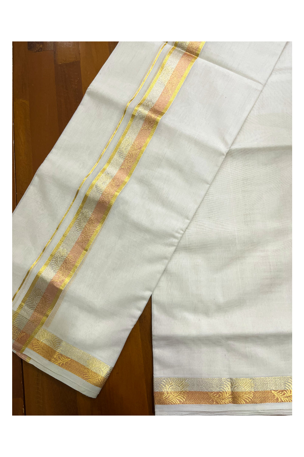 Southloom Premium Balaramapuram Unakkupaavu Handloom Mundu with Copper and Silver Kasavu Design Border (South Indian Kerala Dhoti)