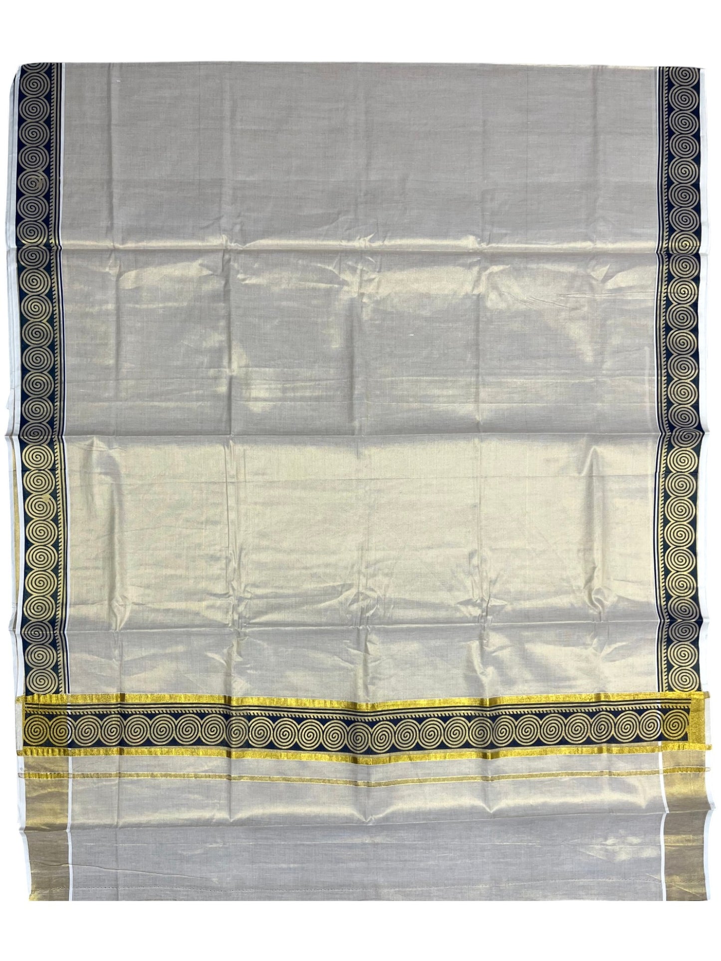 Southloom Kerala Tissue Kasavu Plain Saree Blue Hand Printed SL350