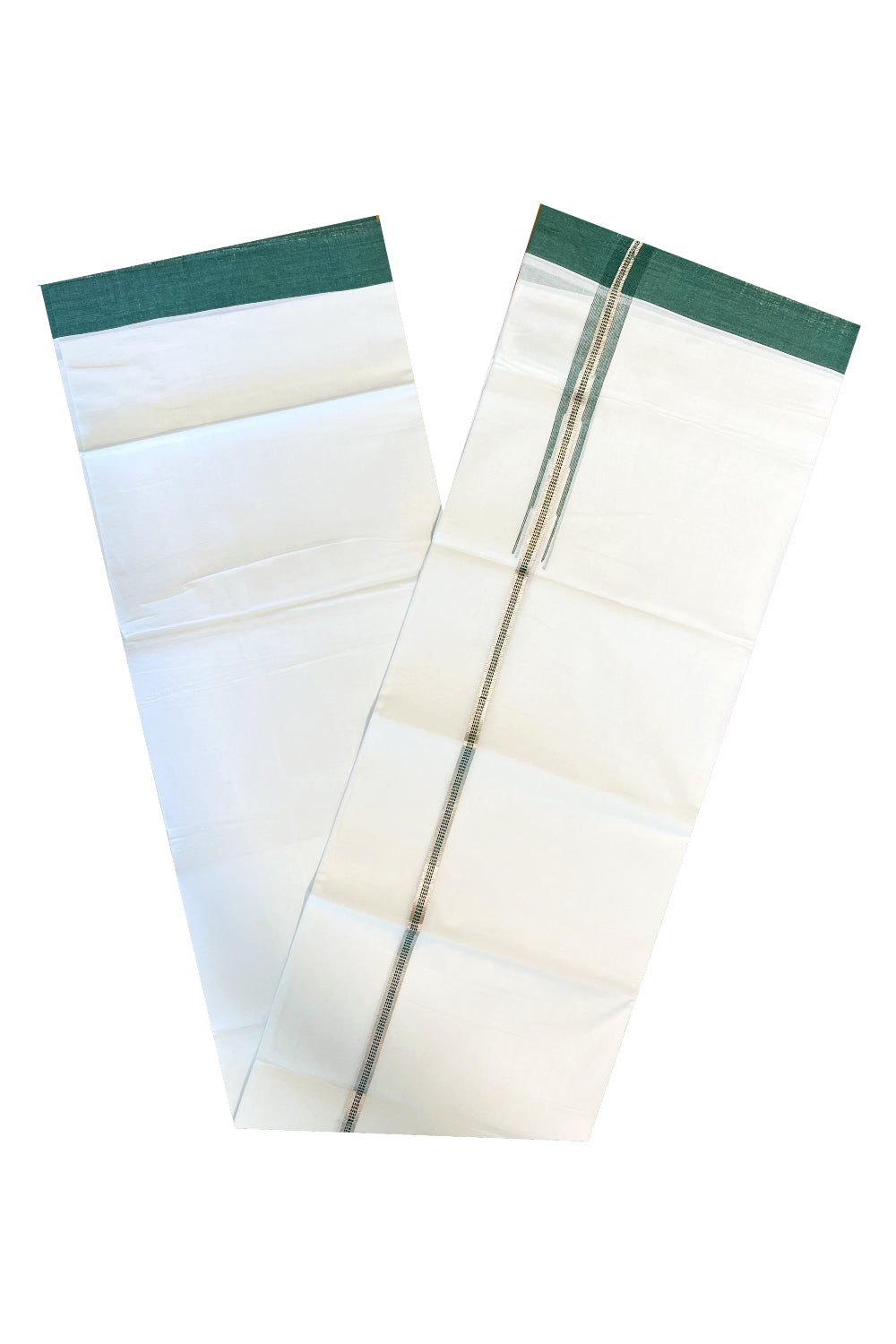 Pure White Cotton Double Mundu with Silver Green Chutti Border (South Indian Kerala Dhoti)