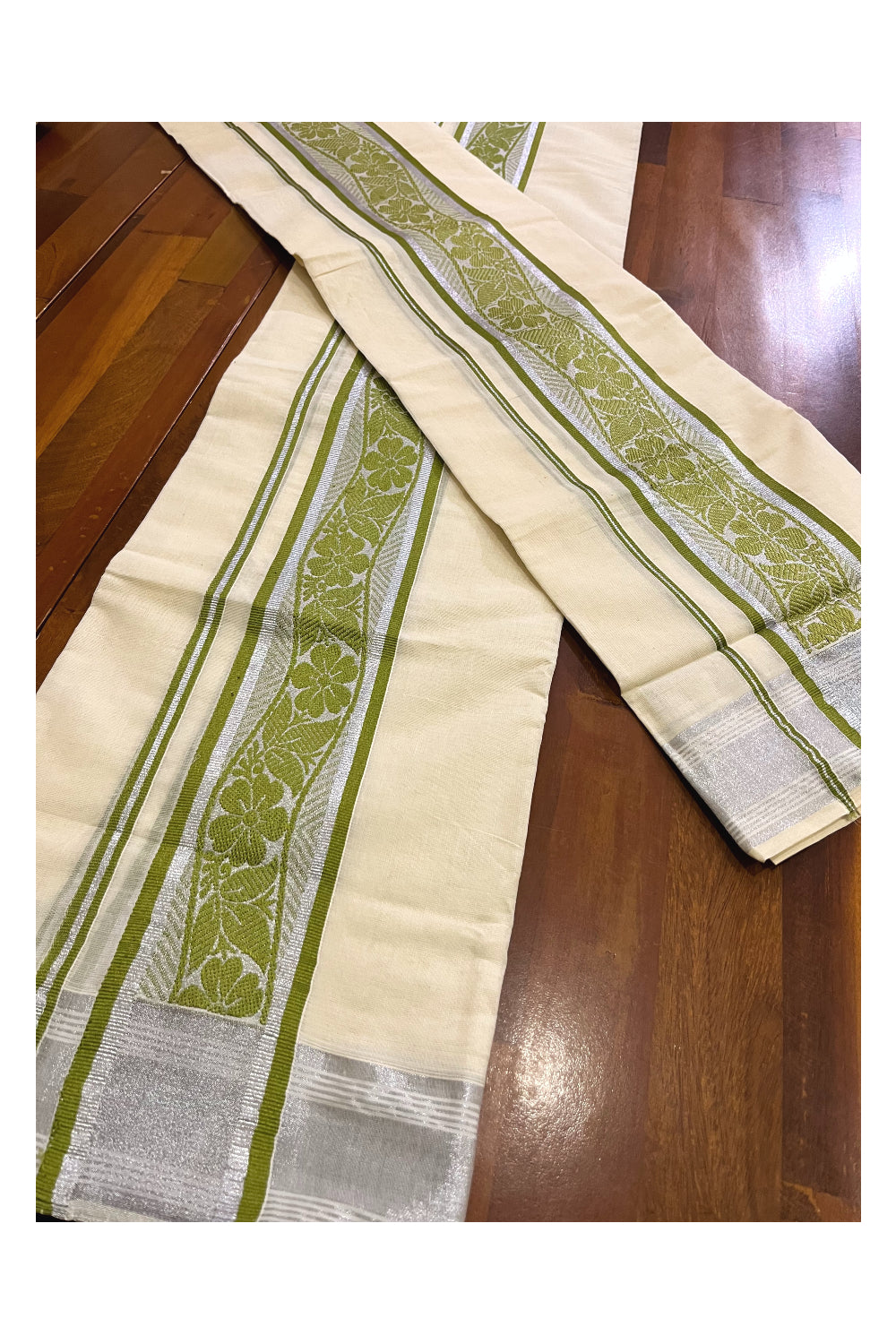 Kerala Cotton Mundum Neriyathum Single (Set Mundu) with Olive Green Floral Woven Designs and Silver Kasavu Border 2.80 Mtrs