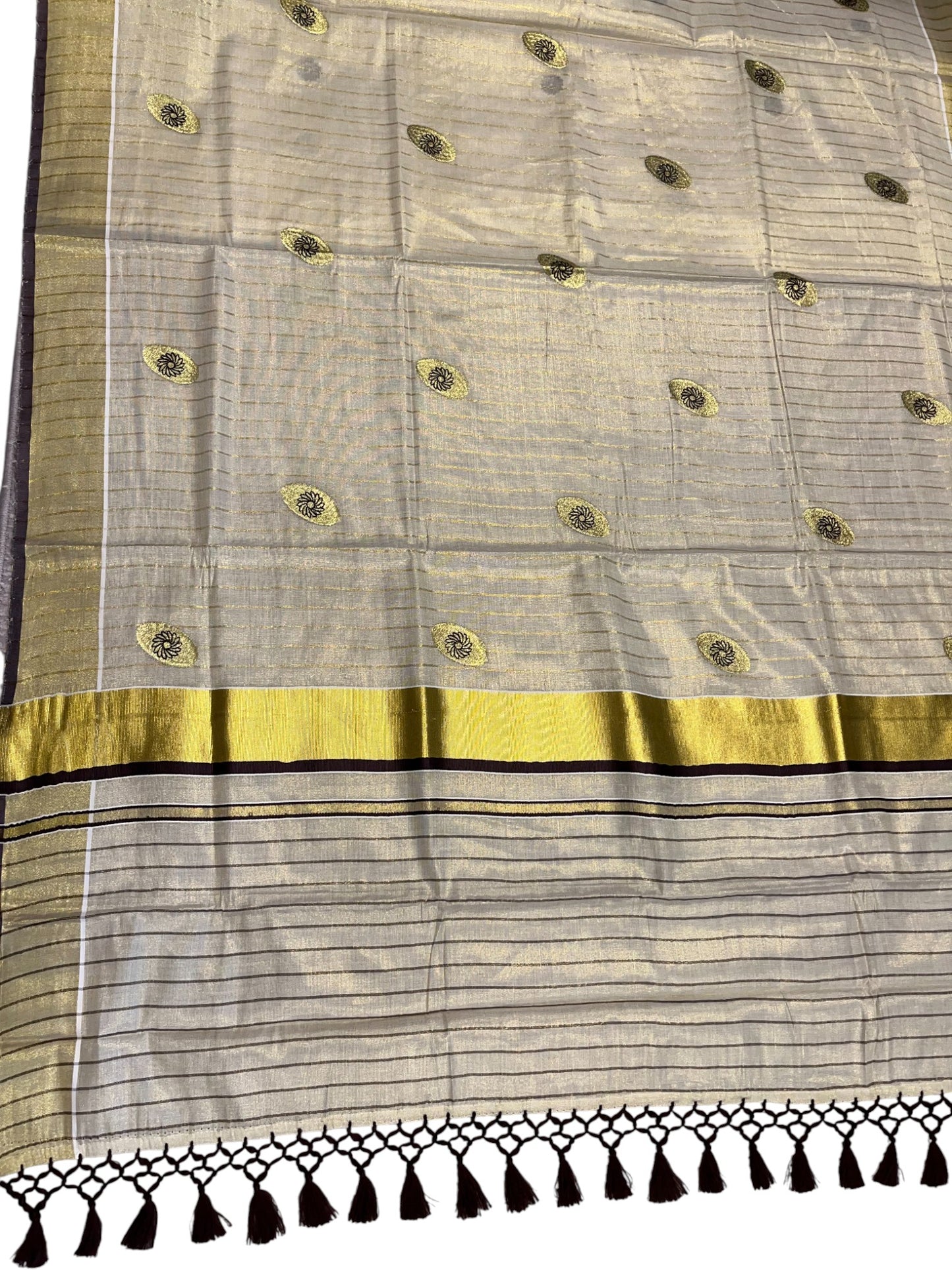 Kerala Tissue Kasavu Stripes Saree with Brown and Gold Embroidery Design on Body