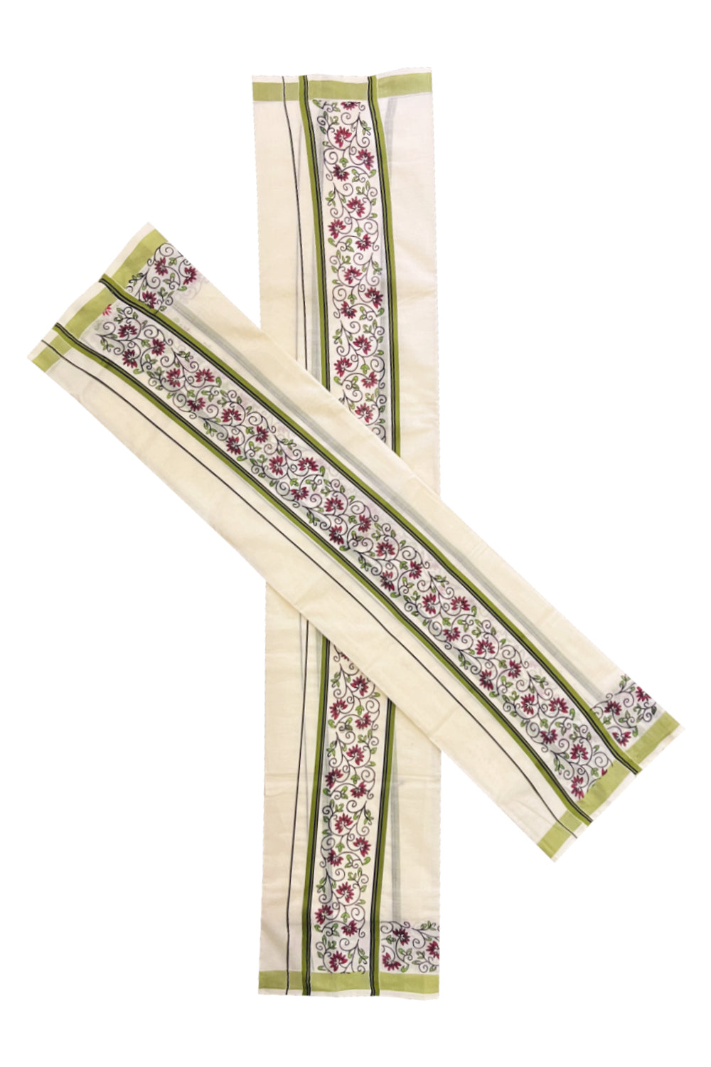 Kerala Cotton Set Mundu Single (Mundum Neriyathum) with Light Green Floral Block Printed Border