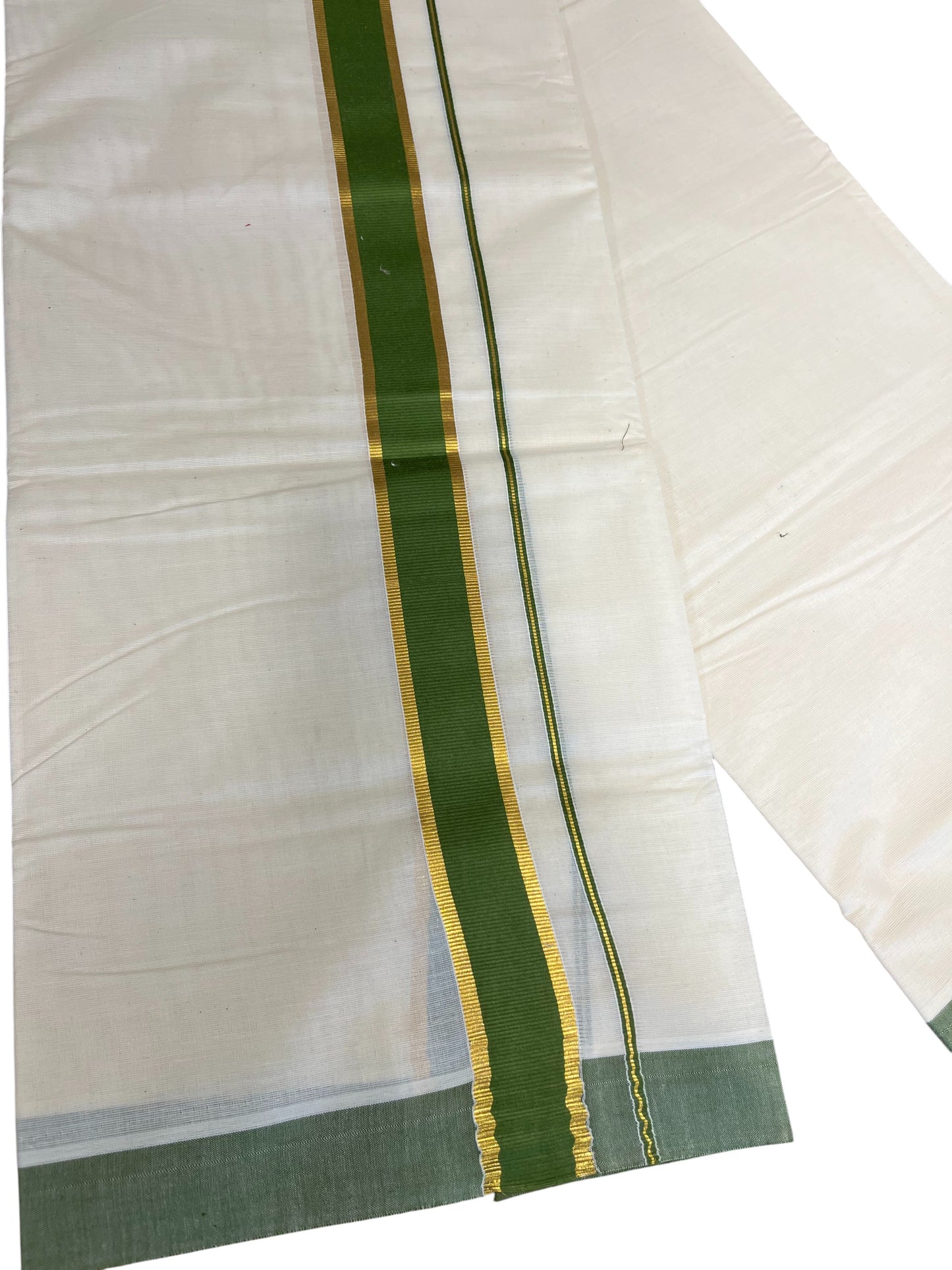 Southloom Pure Cotton Mundu with Gold Kasavu and Green Colour Border (South Indian Kerala Dhoti)