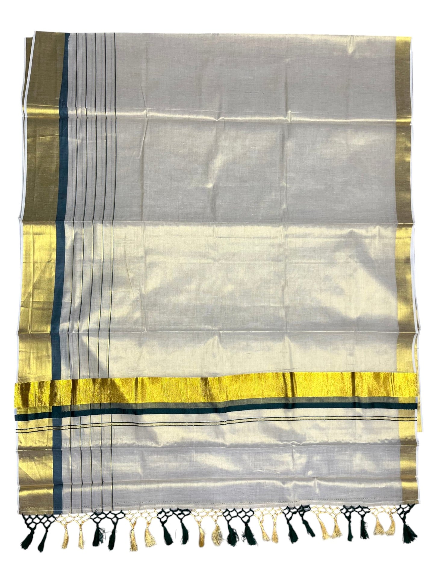 Southloom Kerala Tissue  Kasavu Saree with Stripes on Body with Green Borders