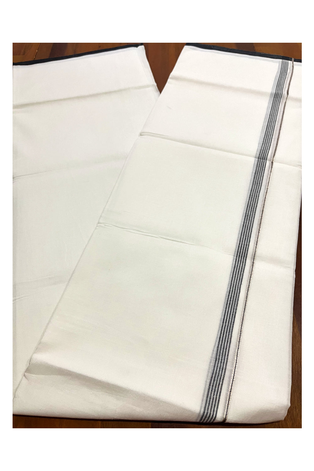 Pure White Kerala Double Mundu with Silver Kasavu and Black Line Kara (South Indian Kerala Dhoti)