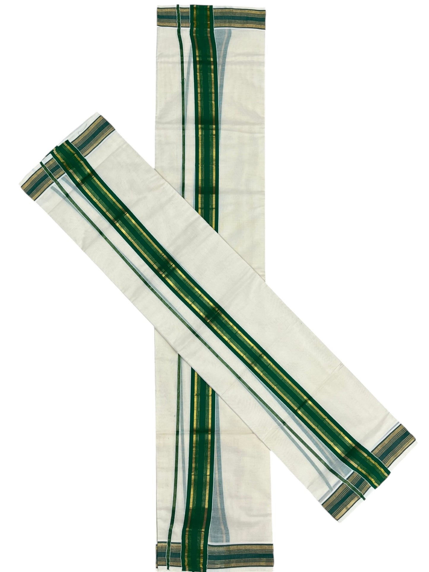 Southloom Kerala Cotton Kasavu Single Set Mundu (Mundum Neriyathum) with Green Kasavu Border SLKK