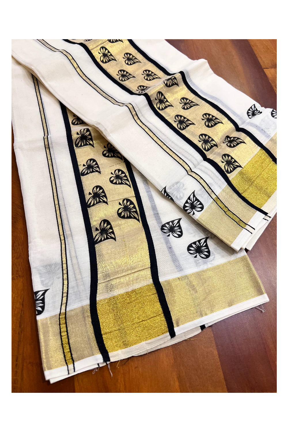 Kerala Pure Cotton Set Mundu Single (Mundum Neriyathum) with Black Block Prints on Kasavu Border-2.80Mtrs