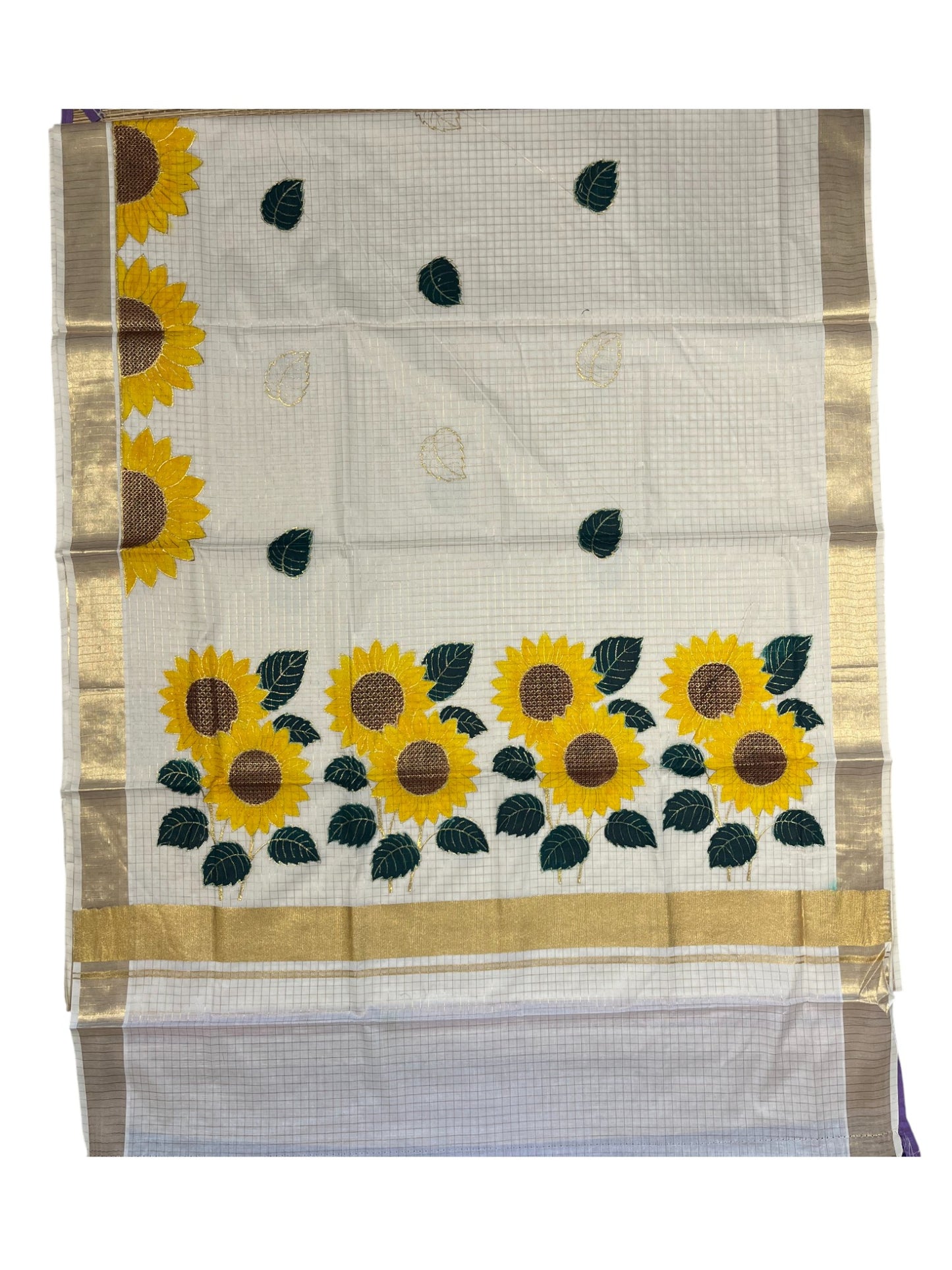 Southloom Kerala Cotton Kasavu Cheack Saree with Embroidery Wor in Yellow Floral Print