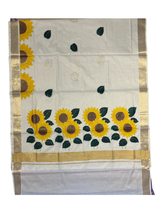 Southloom Kerala Cotton Kasavu Cheack Saree with Embroidery Wor in Yellow Floral Print