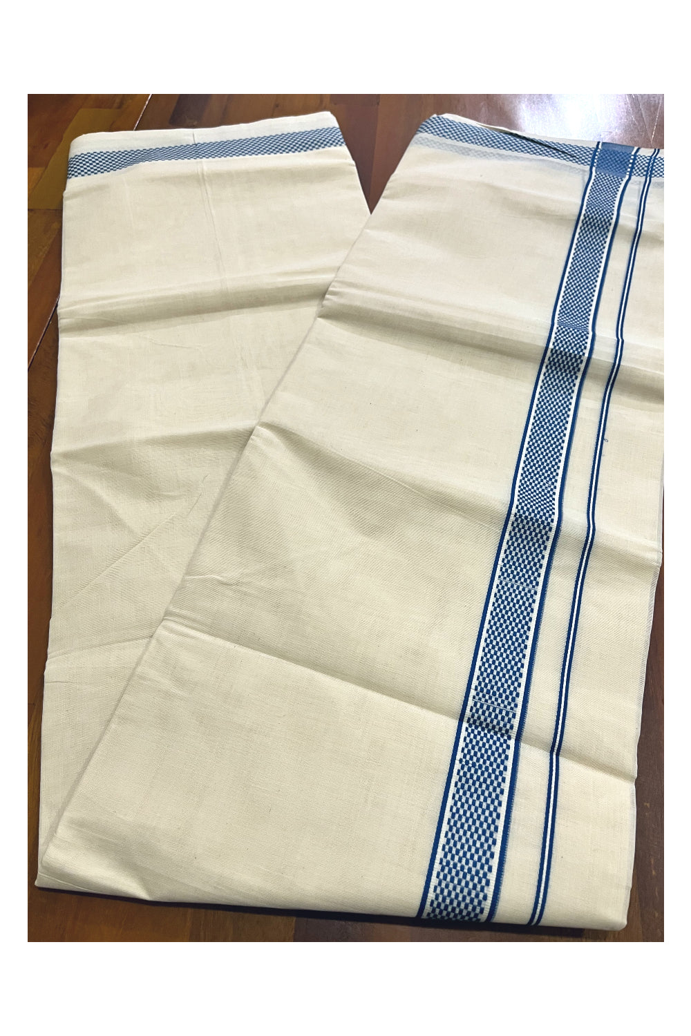 Kerala Pure Cotton Double Mundu with Blue Woven Border