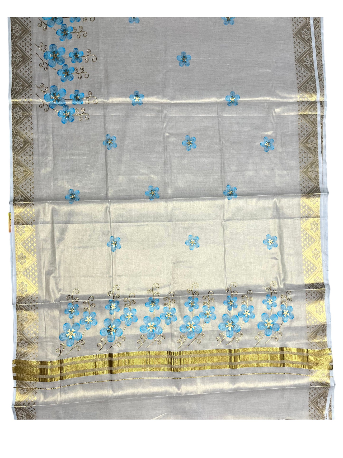 Southloom Kerala Tissue Kasavu Saree with Blue Floral Embroidery Work on Body
