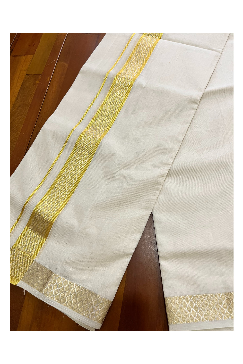 Southloom Super Premium Balaramapuram Unakkupaavu Handloom Double Wedding Mundu with Silver and Golden Kasavu Woven Border (Vishu 2024 Collection)